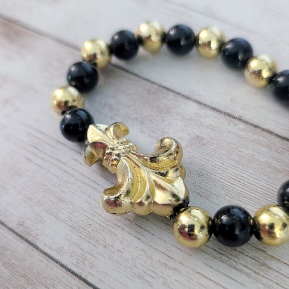 Vintage Stretch Bracelet Black & Gold Tone - Fair Condition - Picture 4 of 6